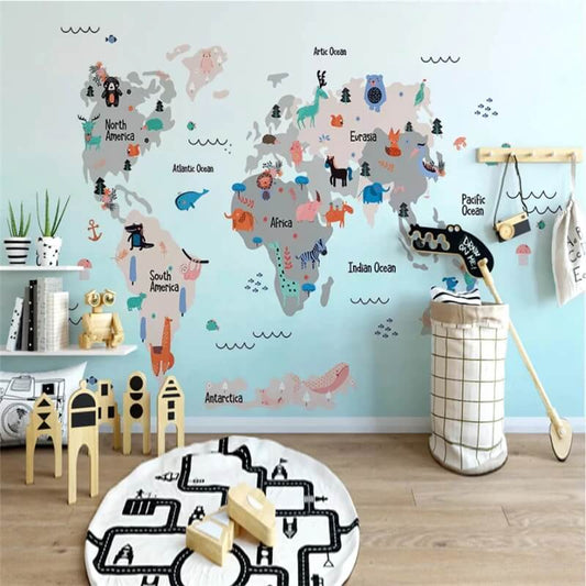 Cartoon World Map Animals Mural Wallpaper (SqM)