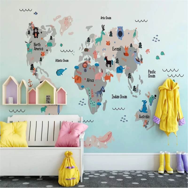 Cartoon World Map Animals Mural Wallpaper (SqM)