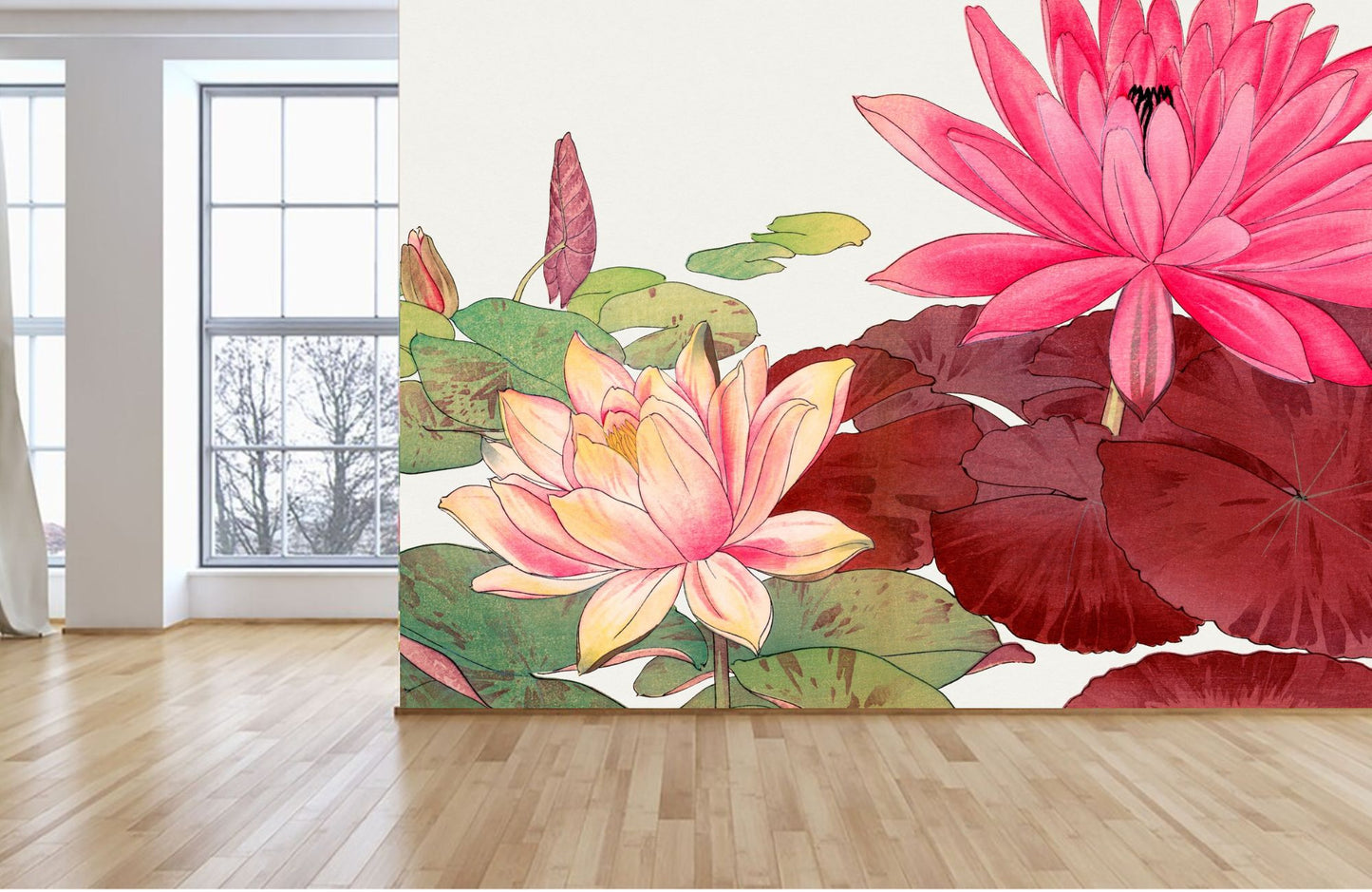 Japanese Pink Lotus Floral Mural Wallpaper (SqM)