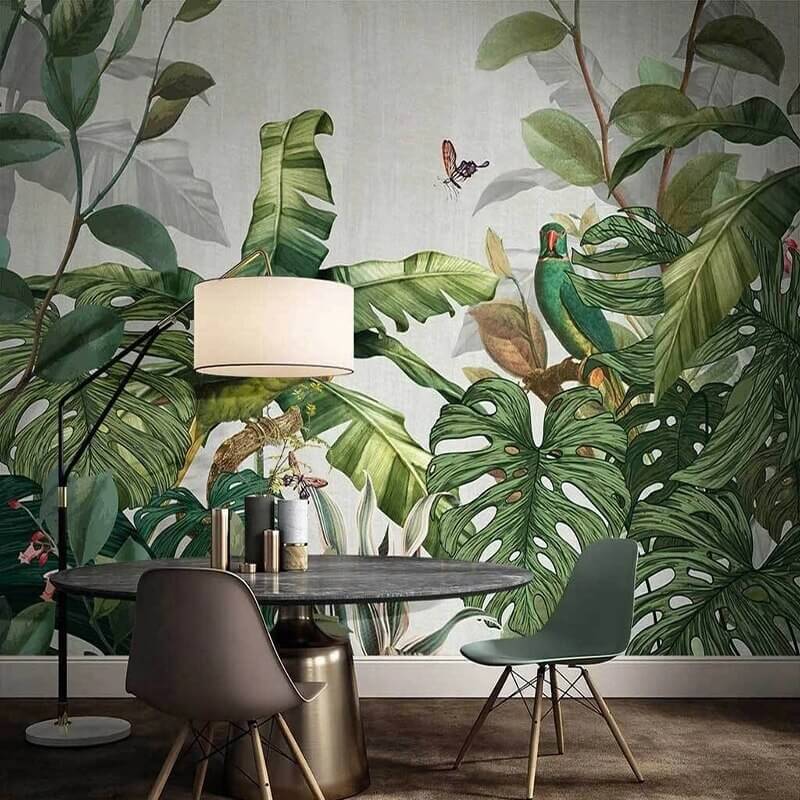 Green Monstera Leaves and Parrots Mural Wallpaper (SqM)