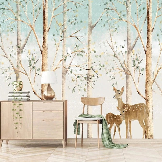 Minimalist Elk Forest Mural Wallpaper (SqM)