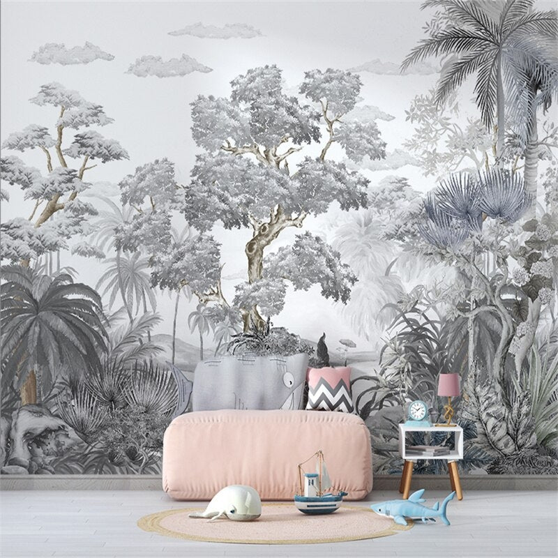 Monochrome Panoramic Jungle Mural Wallpaper (SqM)