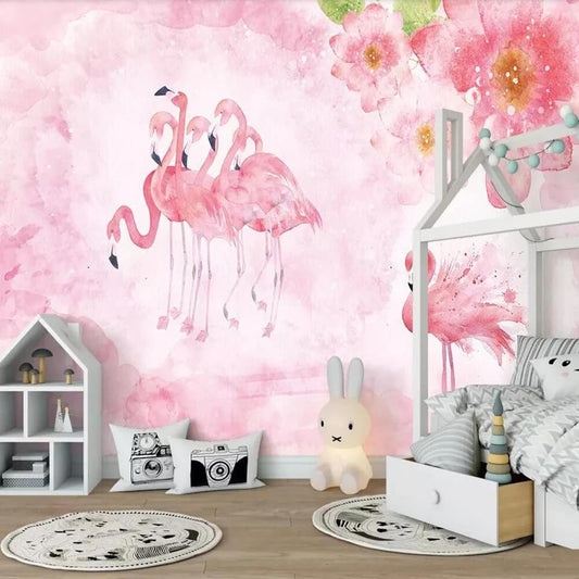 Pink Flowers and Flamingos Mural Wallpaper (SqM)