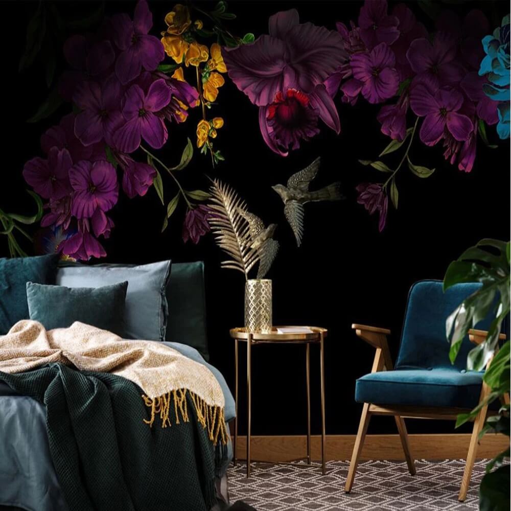 Purple and Black Floral Mural Wallpaper (SqM)