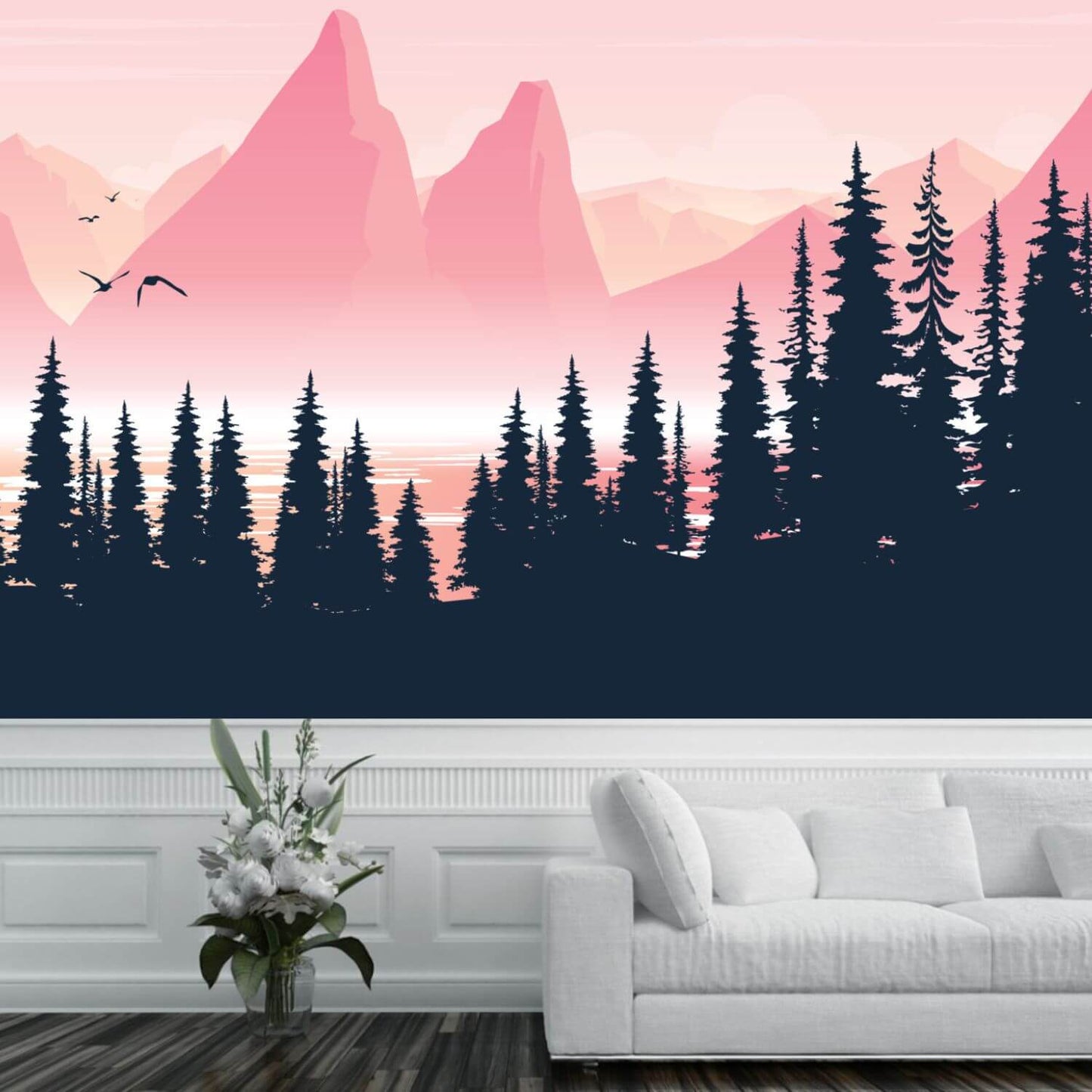 Panoramic Pink Landscape Pine Forest Mural Wallpaper (SqM)