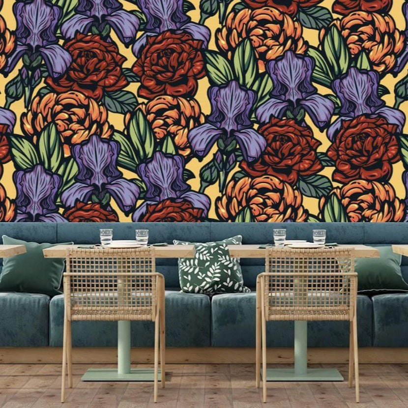 Retro Roses and Irises Floral Mural Wallpaper (SqM)