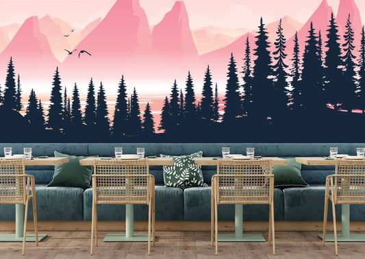 Panoramic Pink Landscape Pine Forest Mural Wallpaper (SqM)
