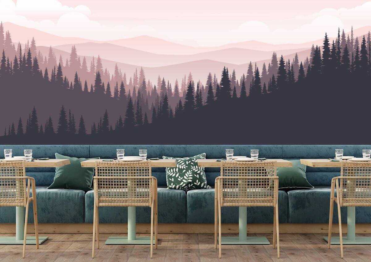 Morning Mountains Landscape And Pine Forest Ombre Mural Wallpaper (SqM)