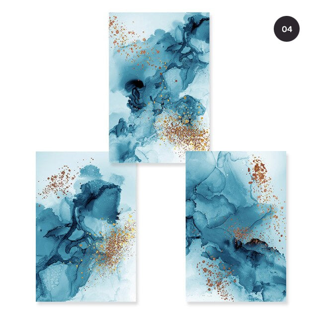 Golden Blue Splash Liquid Abstract Wall Art Fine Art Canvas Prints Modern Pictures For Luxury Living Room Bedroom Office Art Decor