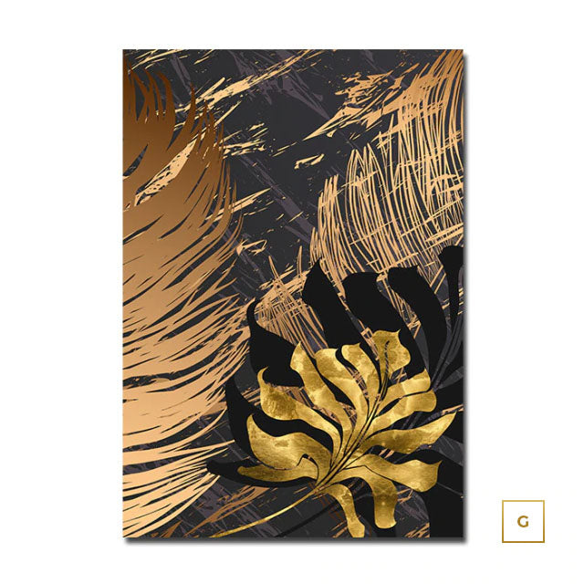Tropical Gold Leaves Abstract Canvas Prints Large Wall Art For Modern Office Or Apartment Living Room Décor