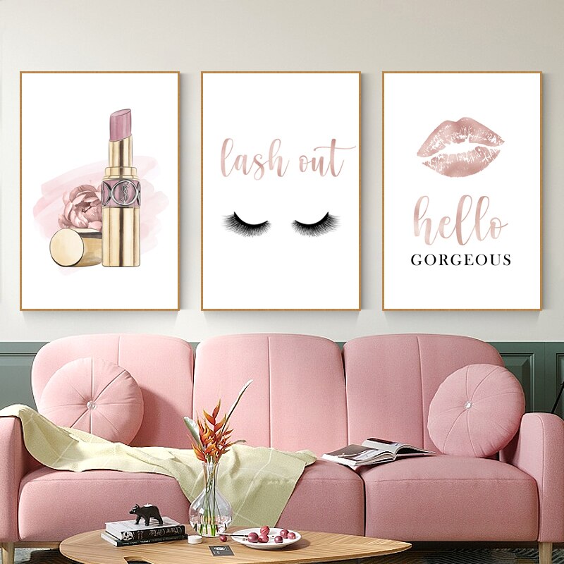 Canvas Wall Art Glam Perfume Chanel Pictures Wall Decor Pink Flowers and Gold Canvas Wall Art Girl Home Decor for Bedroom Wall Bathroom Set Room