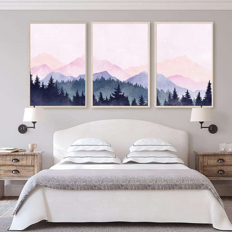 Purple Abstract Framed Wall Art, Nature Mountains Landscape Canvas Picture  Watercolor Scenic Wall Decor 24x36 Rustic Nordic Prints Painting Modern