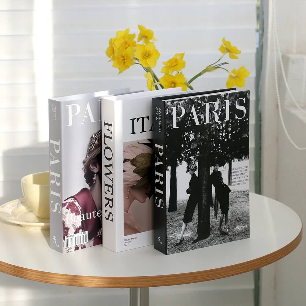 Paris Fashion Faux Book Boxes Ornament For Living Room Coffee Table Bookcase Decoration Props For Stylish Modern Luxury Home Décor (Sets of 3Pcs)