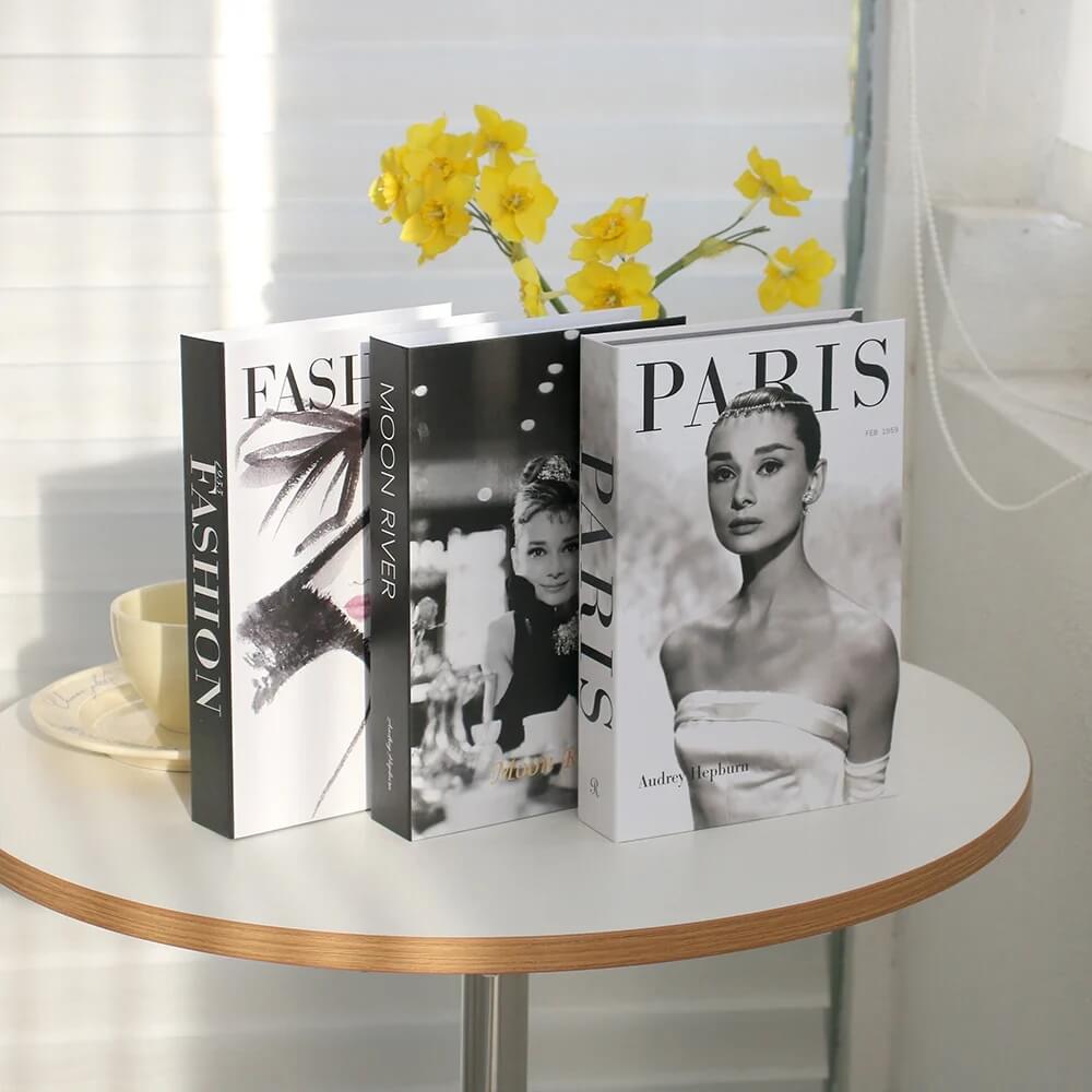 Paris Fashion Faux Book Boxes Ornament For Living Room Coffee Table Bookcase Decoration Props For Stylish Modern Luxury Home Décor (Sets of 3Pcs)