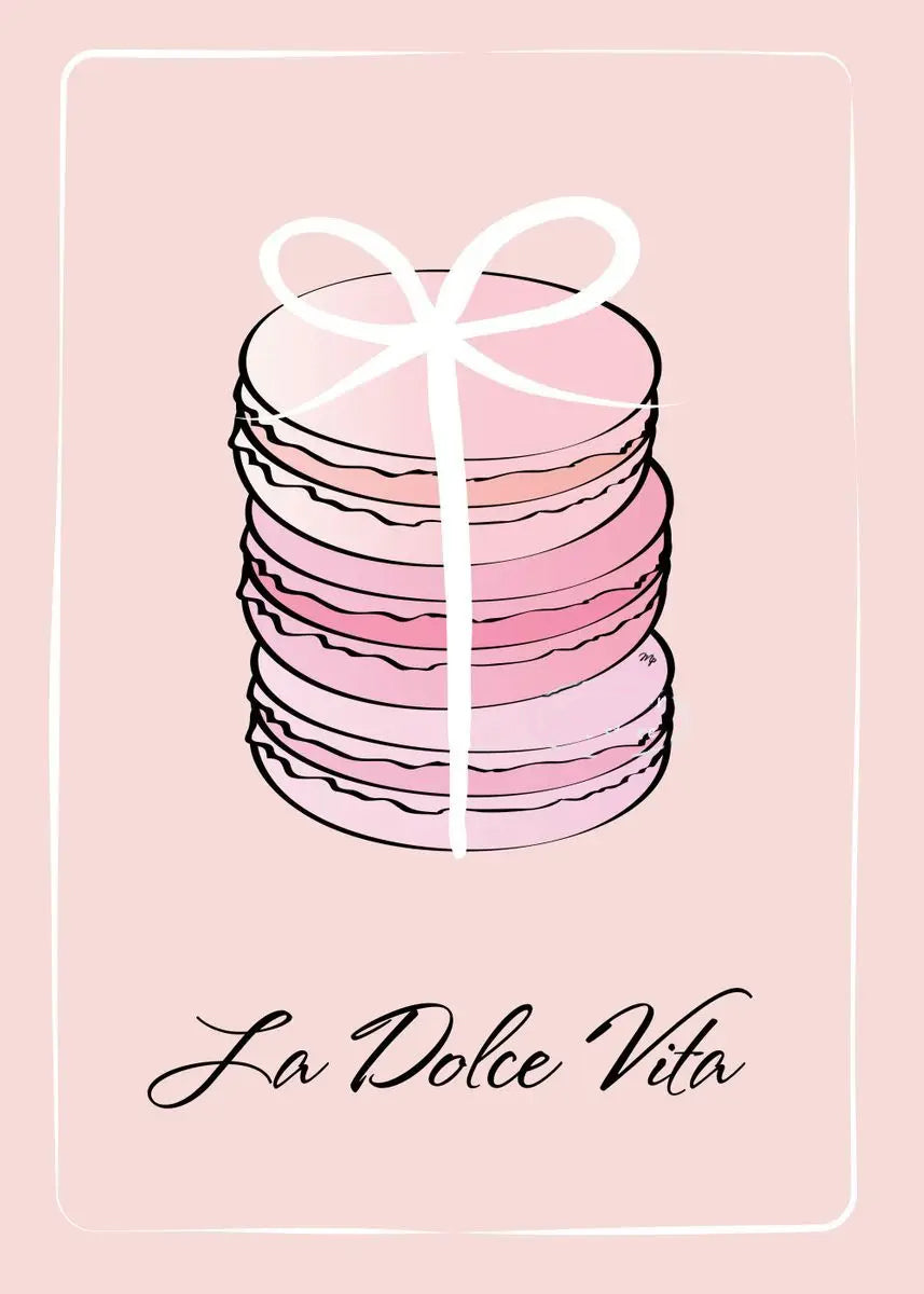 Stack of pink ombre macarons with a white bow on a light pink background, featuring 'La Dolce Vita' text.