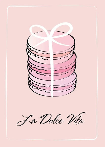 Stack of pink ombre macarons with a white bow on a light pink background, featuring 'La Dolce Vita' text.