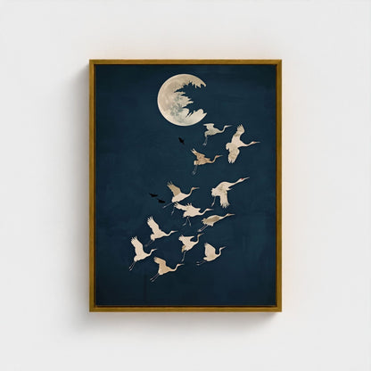Moon Birds Night Sky Framed Wall Art Canvas Print - Minimalist Surreal Nature Artwork