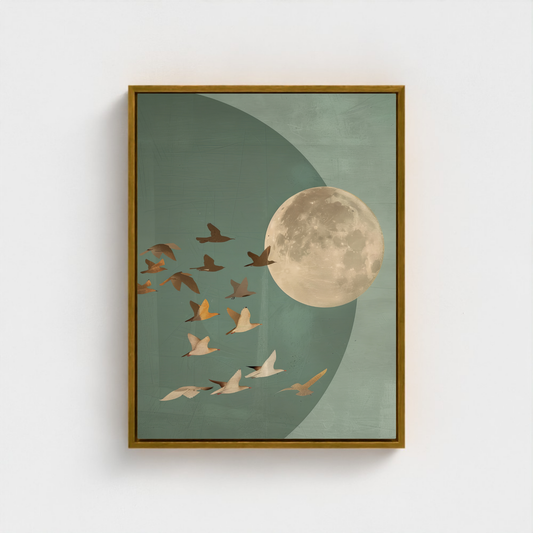 Golden Moon & Celestial Birds Canvas Wall Art – Sage Green