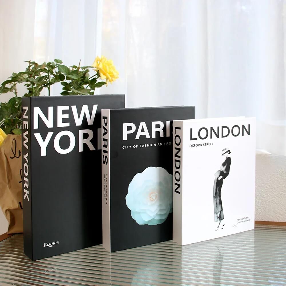 Paris Fashion Faux Book Boxes Ornament For Living Room Coffee Table Bookcase Decoration Props For Stylish Modern Luxury Home Décor (Sets of 3Pcs)