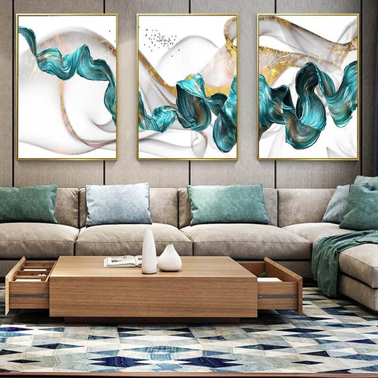 Blue Golden Flowing Ribbon Wall Art Fine Art Canvas Print Abstract Nordic Poster Modern Pictures For Luxury Living Room Décor