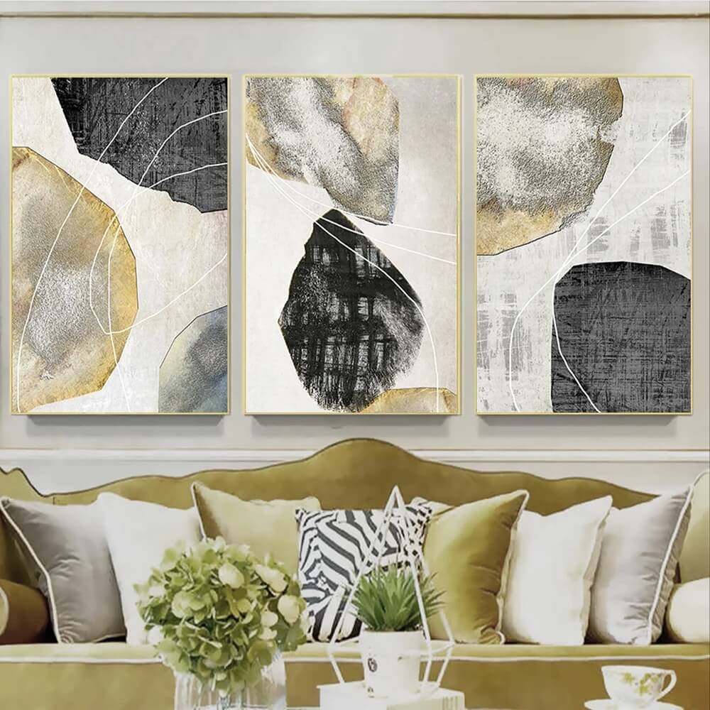 Abstract Geometric Golden Grey Wall Art Canvas Print Modern Fine Art Minimalist Scandinavian Poster For Stylish Living Room Décor
