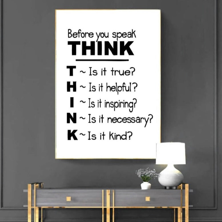 Think Before You Speak Quote Canvas Print Black White Wall Art Motivational Quote Poster For Living Room Teen Room Home Décor