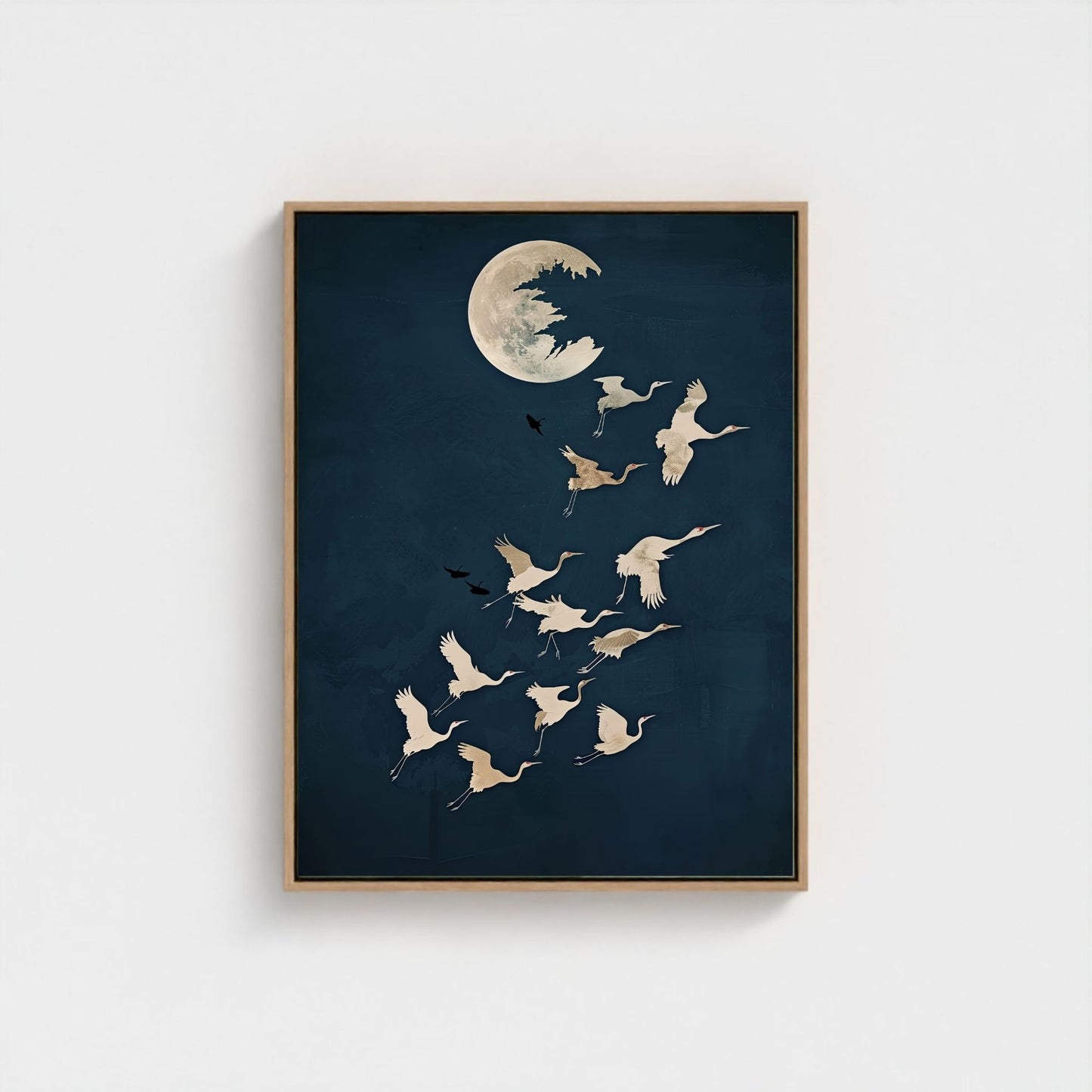 Moon Birds Night Sky Framed Wall Art Canvas Print - Minimalist Surreal Nature Artwork