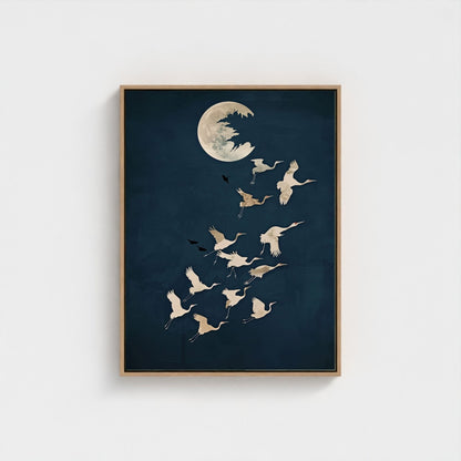 Moon Birds Night Sky Framed Wall Art Canvas Print - Minimalist Surreal Nature Artwork