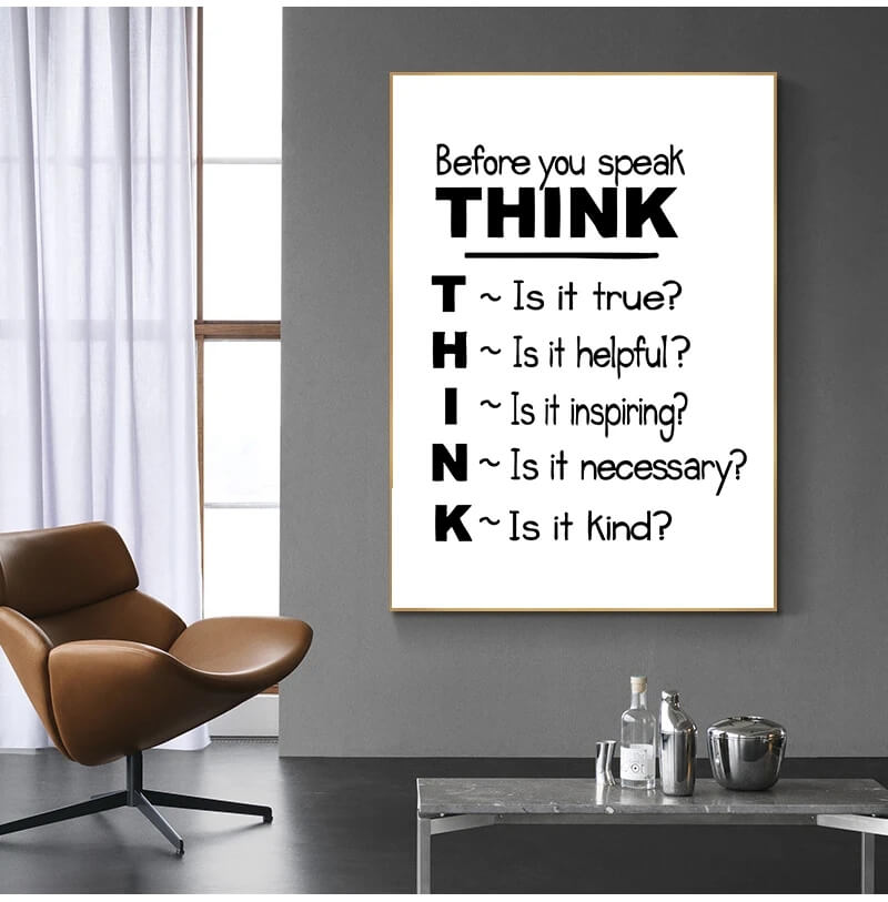 Think Before You Speak Quote Canvas Print Black White Wall Art Motivational Quote Poster For Living Room Teen Room Home Décor