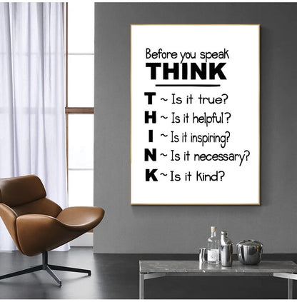 Think Before You Speak Quote Canvas Print Black White Wall Art Motivational Quote Poster For Living Room Teen Room Home Décor