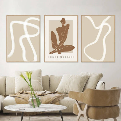 Boho Abstract Matisse Beige White Line Wall Art Minimalist Canvas Prints Scandinavian Pastel Poster For Living Room Bedroom Home Décor