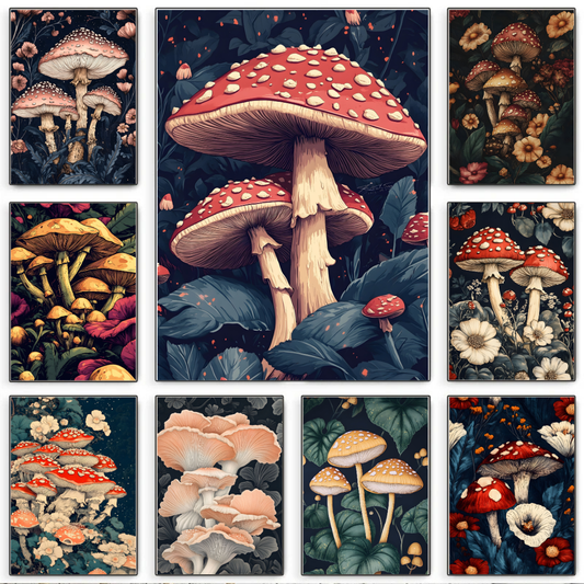 William Morris Fly Agaric Mushrooms in The Forest Vintage Botanical Wall Art Canvas Print Retro Poster for Kitchen Dining Room Wall Decor