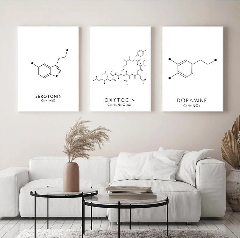 Oxytocin Serotonin Dopamine Canvas Prints Molecular Structure Pictures Minimalist Black White Poster Chemistry Pictures For Living Room Teen Room Home Décor