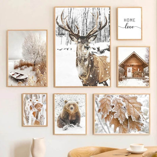Forest Winter Landscape White Snow Canvas Prints Nordic Animals Wall Art Bear Fox Deer Poster Wilderness Pictures For Living Room Décor