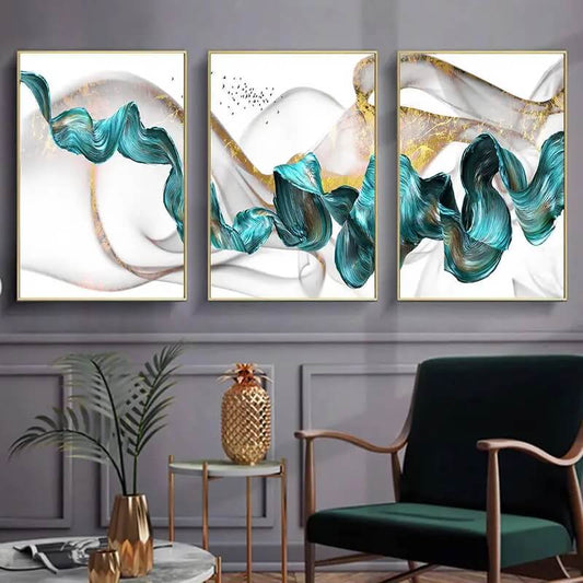 Blue Golden Flowing Ribbon Wall Art Fine Art Canvas Print Abstract Nordic Poster Modern Pictures For Luxury Living Room Décor