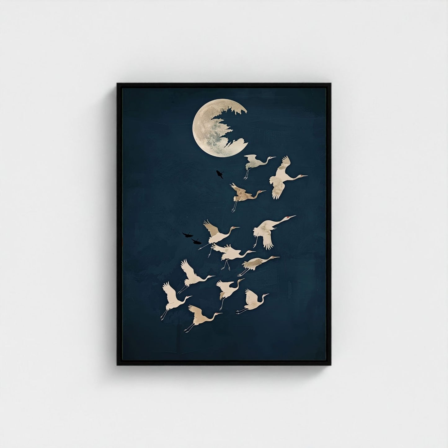 Moon Birds Night Sky Framed Wall Art Canvas Print - Minimalist Surreal Nature Artwork