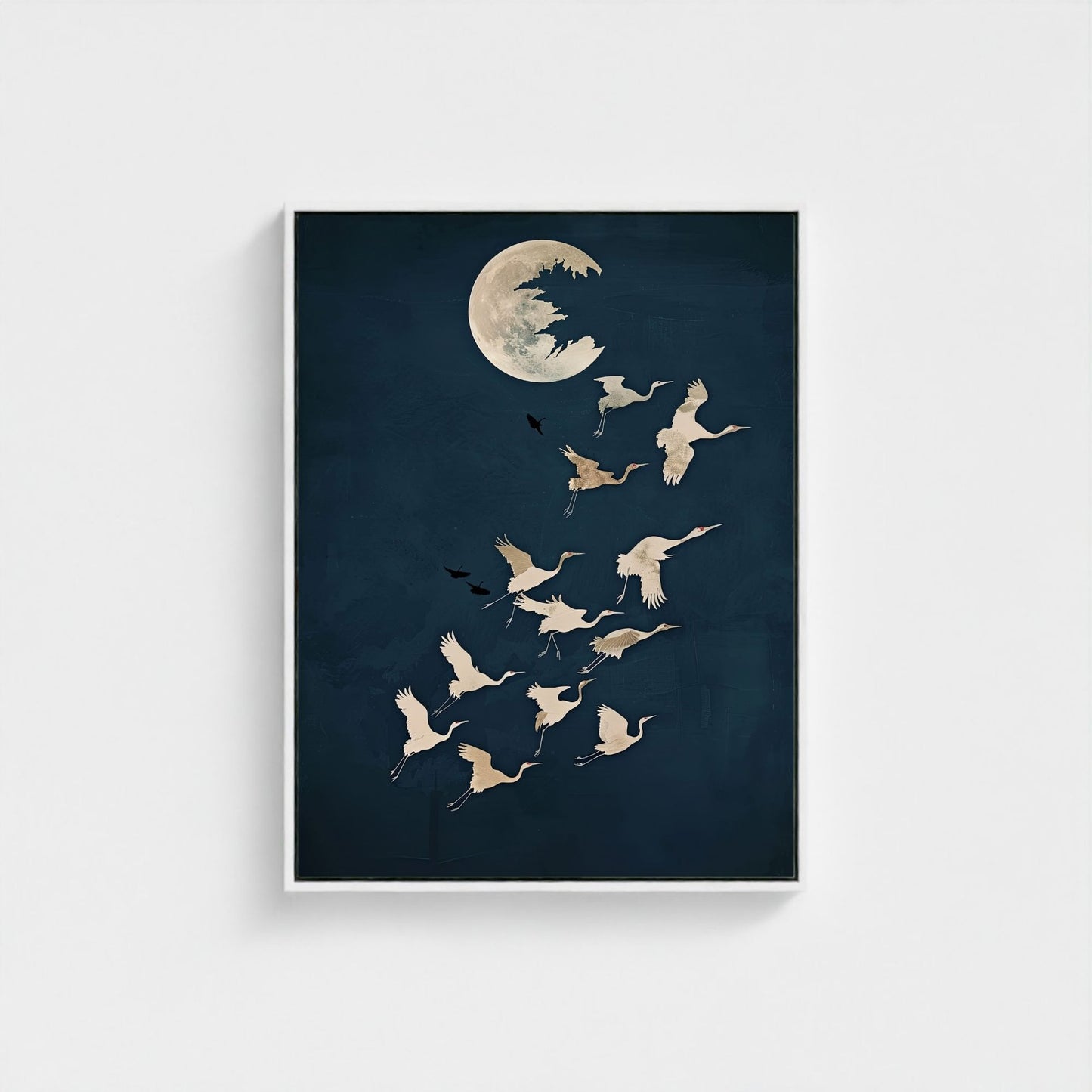 Moon Birds Night Sky Framed Wall Art Canvas Print - Minimalist Surreal Nature Artwork