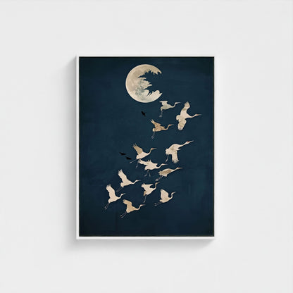 Moon Birds Night Sky Framed Wall Art Canvas Print - Minimalist Surreal Nature Artwork