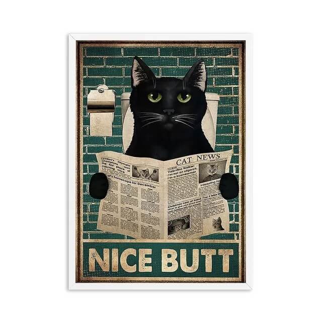 Black Cat Reading Newspaper Canvas Print | Funny Inspirational Quotes Wall Art Animals Pictures For Bathroom Fine Art Home Décor