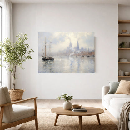 Vintage Tall Ship in Misty Harbor Impressionist Framed Wall Art - Nautical Canvas Print