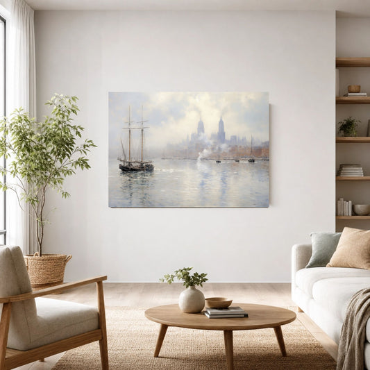 Vintage Tall Ship in Misty Harbor Impressionist Framed Wall Art - Nautical Canvas Print