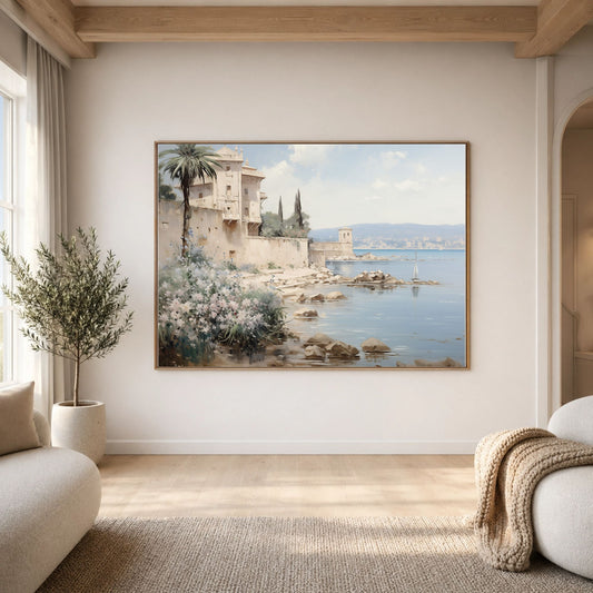 Mediterranean Coastal Villa Watercolor Wall Art Framed Canvas Print