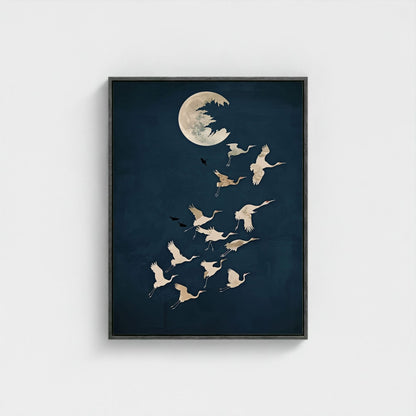 Moon Birds Night Sky Framed Wall Art Canvas Print - Minimalist Surreal Nature Artwork