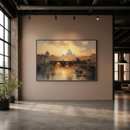 St. Peter’s Basilica Rome Sunset River View Framed Art Canvas Print - Classic Italian Wall Art