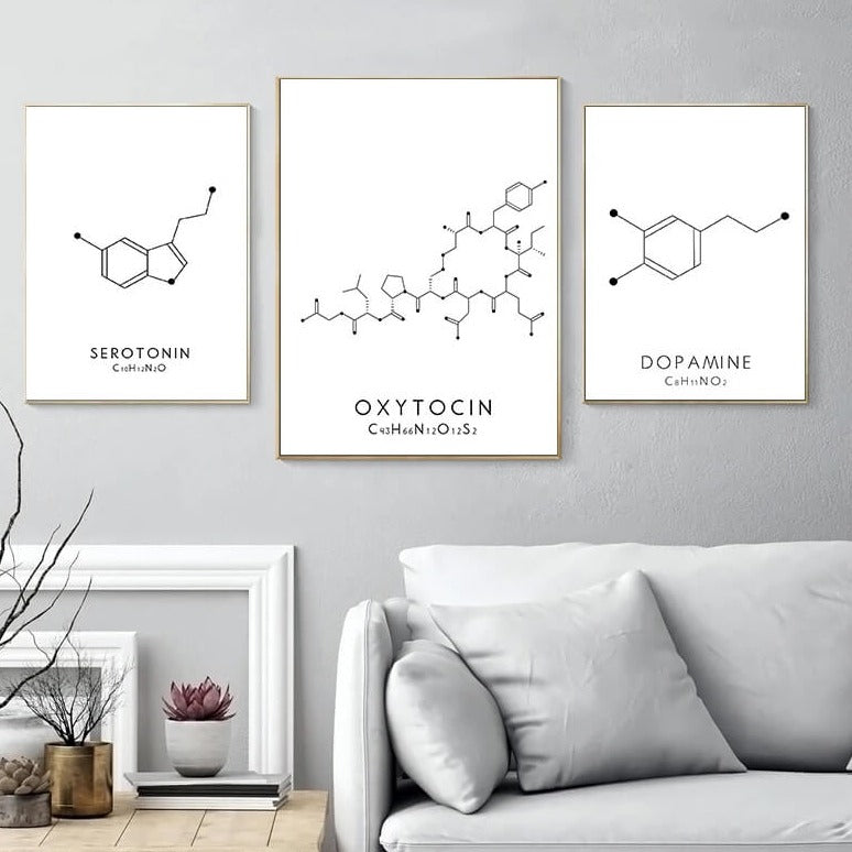 Oxytocin Serotonin Dopamine Canvas Prints Molecular Structure Pictures Minimalist Black White Poster Chemistry Pictures For Living Room Teen Room Home Décor