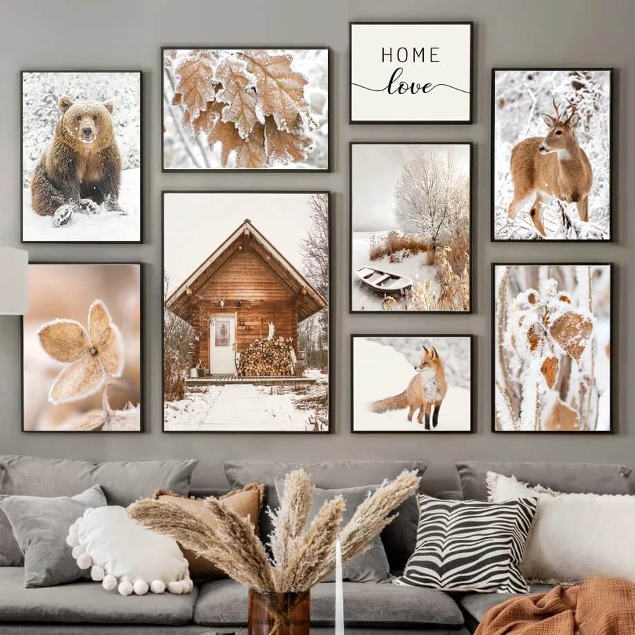 Forest Winter Landscape White Snow Canvas Prints Nordic Animals Wall Art Bear Fox Deer Poster Wilderness Pictures For Living Room Décor