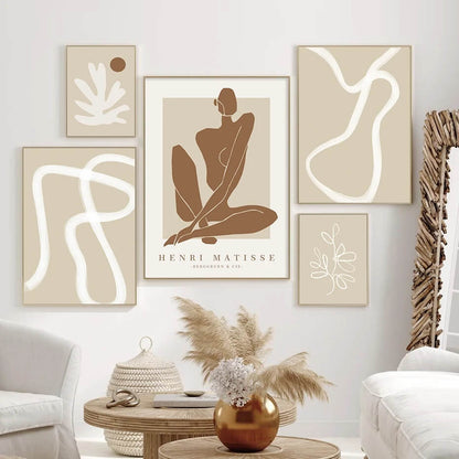 Boho Abstract Matisse Beige White Line Wall Art Minimalist Canvas Prints Scandinavian Pastel Poster For Living Room Bedroom Home Décor