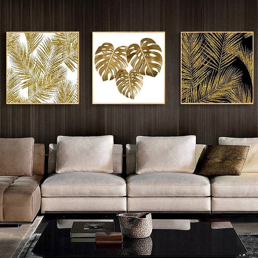 Abstract Golden Leaves Black White Wall Art Canvas Prints Nordic Minimalist Poster For Modern Living Room Bedroom Home Décor