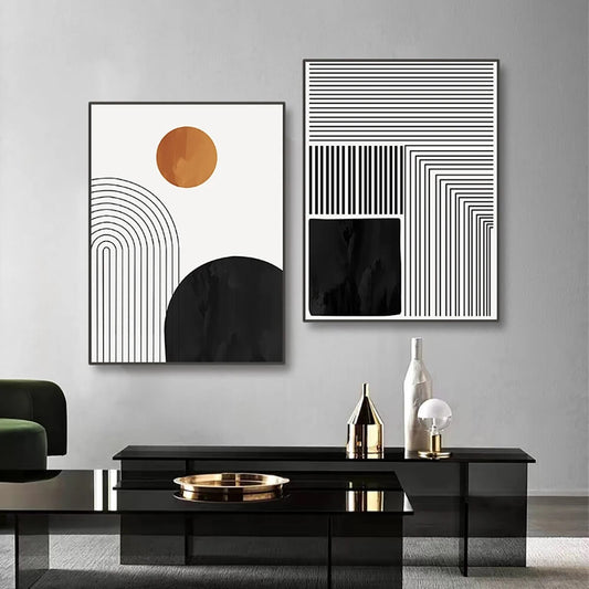 Mid Century Abstract Line Art Canvas Prints Black White Nordic Large Wall Art Big Size Geometric Pictures For Modern Scandinavian Living Room Home Décor