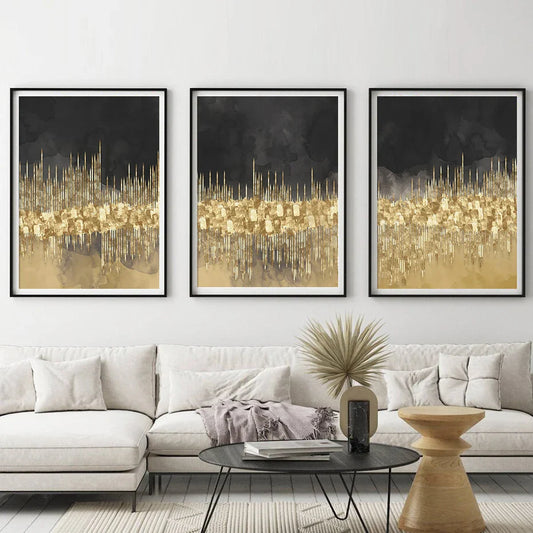 Abstract Golden Cityscape Black Watercolor Canvas Print Wall Art For Living Room Bedroom Home Office Decor